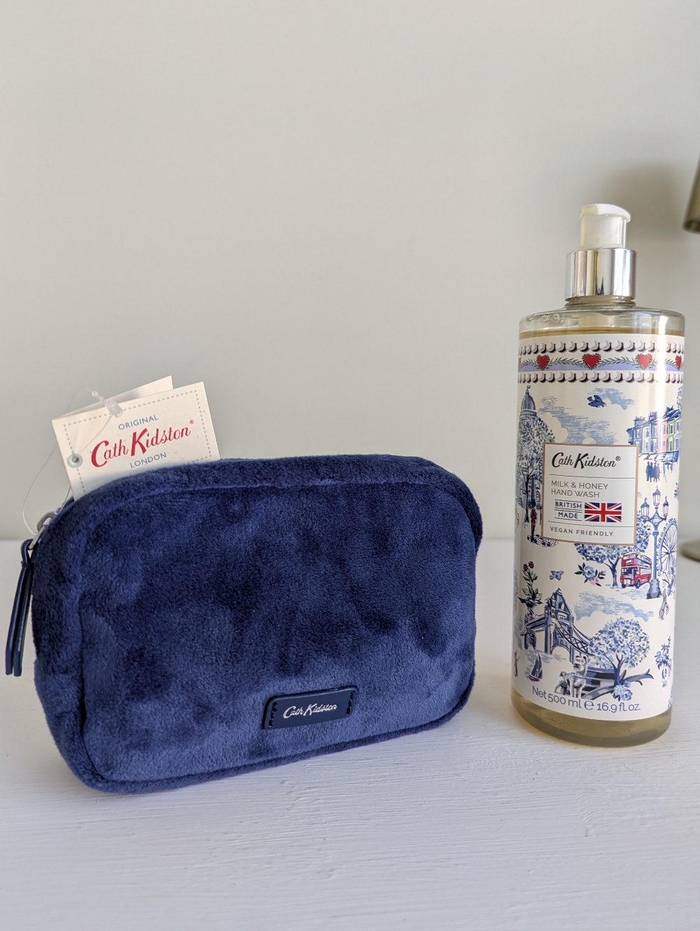 BUNDLE Cath Kidston Milk & Honey Hand Wash 16.9oz. & Velvet Makeup Cosmetic Bag